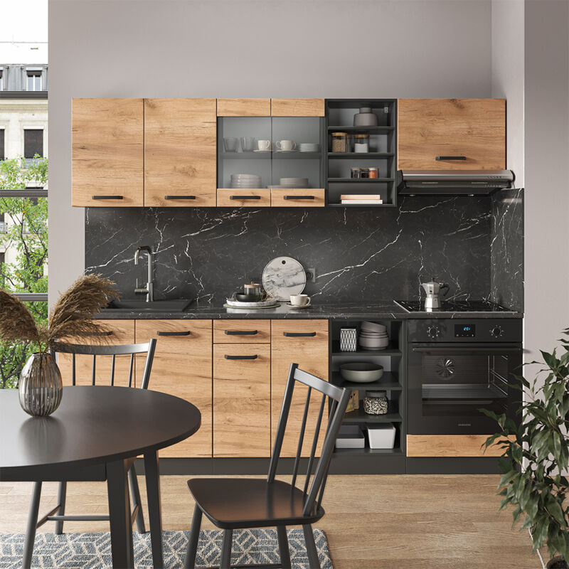 Vicco - Cuisine R-Line, Chêne doré/anthracite, 240 cm sans plan de travail