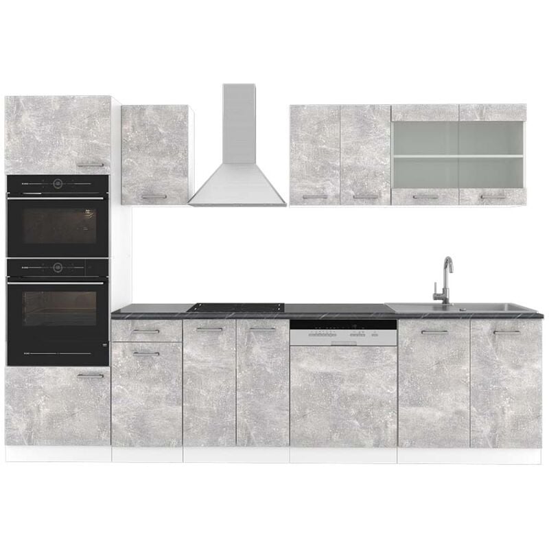 Vicco - Cuisine R-Line, Béton/blanc, 300 cm avec armoire haute, pt Anthracite
