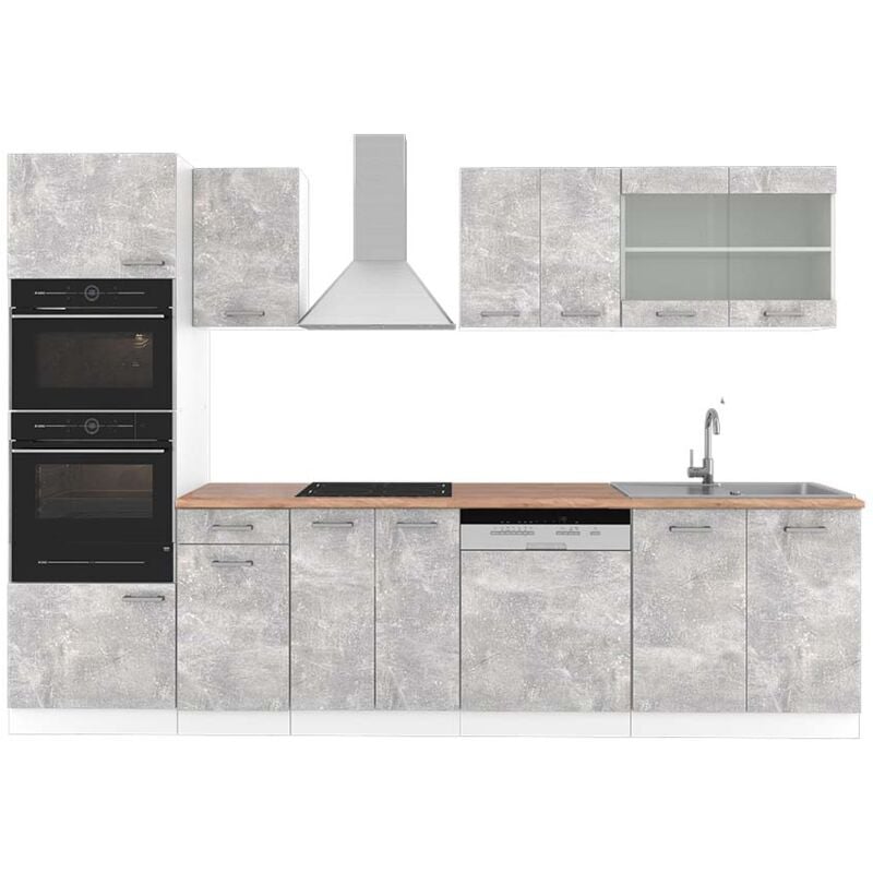 Cuisine R-Line, Béton/blanc, 300 cm avec armoire haute, pt Chêne Vicco