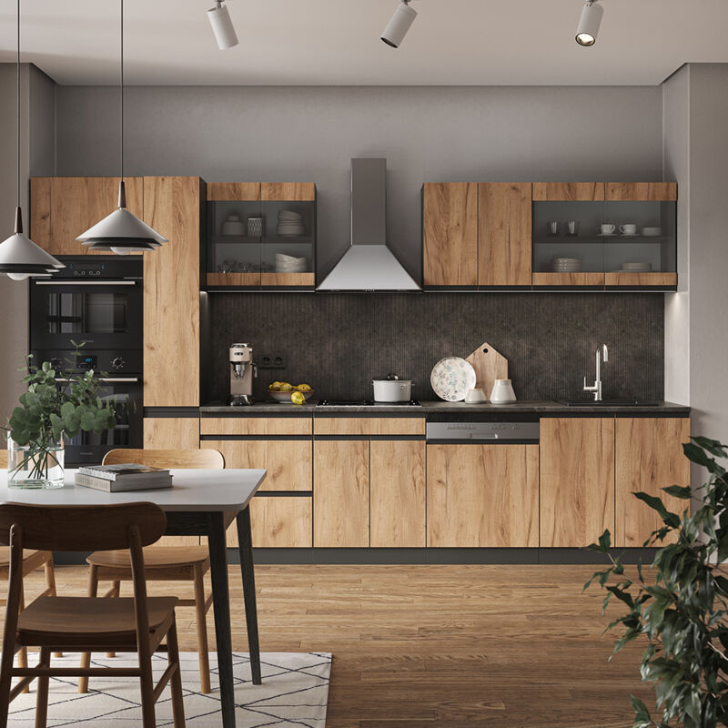 Vicco - Cuisine R-Line, Chêne doré/anthracite, 350 cm J-Shape, avec armoire haute, sans plan de travail