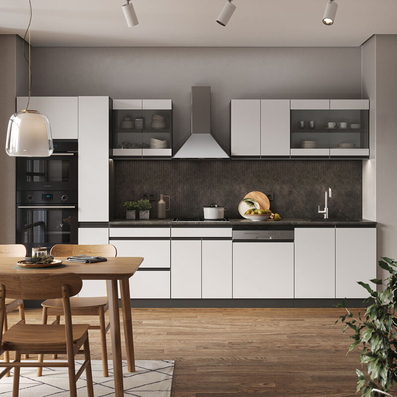 Vicco - Cuisine R-Line, blanc/anthracite, 350 cm J-Shape, avec armoire haute, sans plan de travail