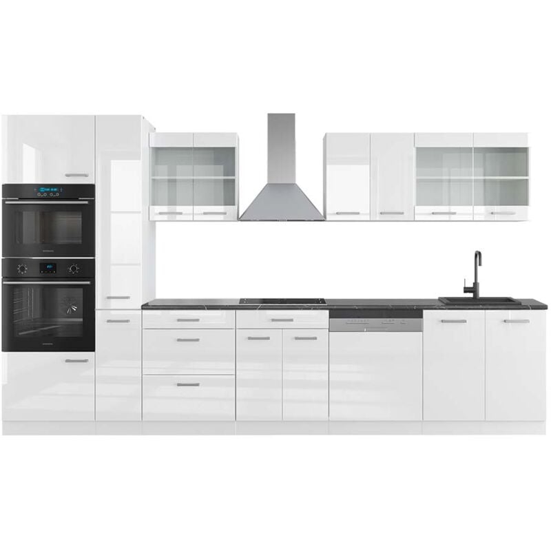 Cuisine R-Line, blanc brillant/blanc, 350 cm avec armoire haute, PT Anthracite, Vicco