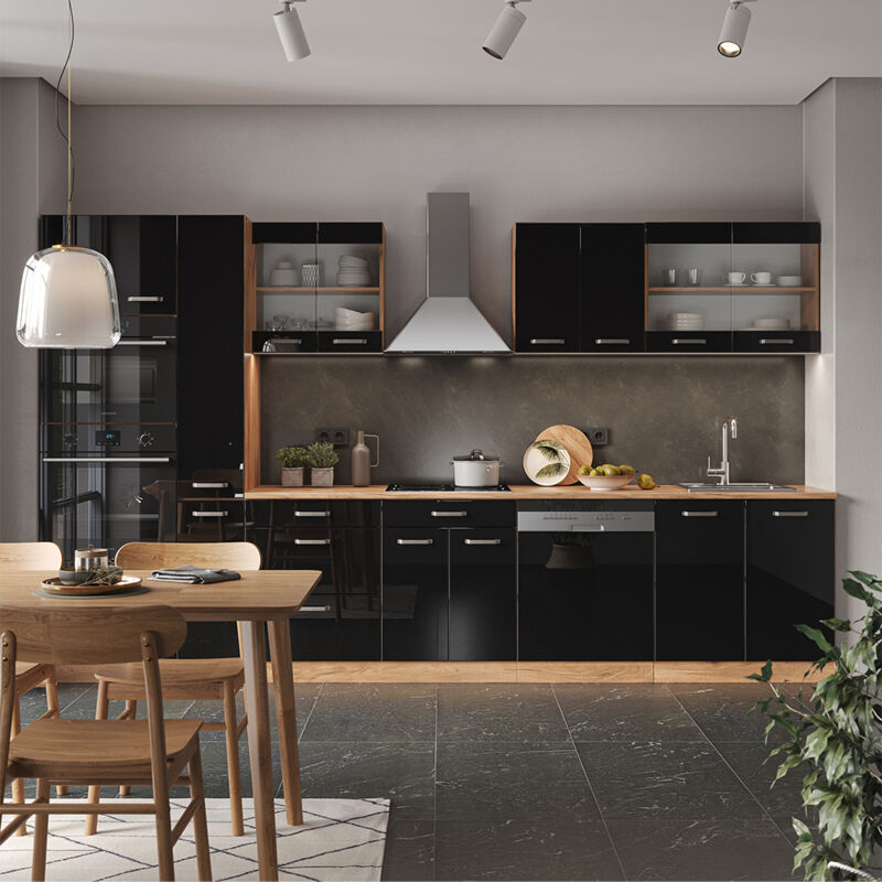 Vicco - Cuisine R-Line, Noir brillant/Chêne doré, 350 cm avec armoire haute, sans plan de travail