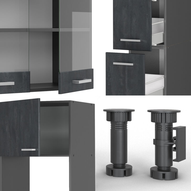 Vicco - Cuisine R-Line, Noir Béton/Anthracite, 350 cm sans plan de travail
