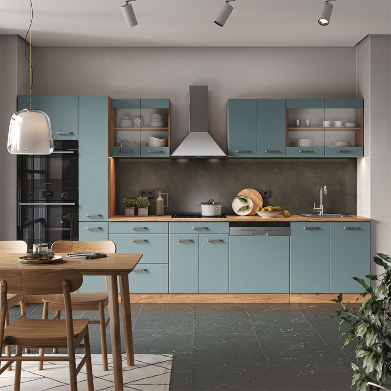 Vicco - Cuisine R-Line, Bleu-gris/chêne doré, 350 cm avec armoire haute, sans plan de travail