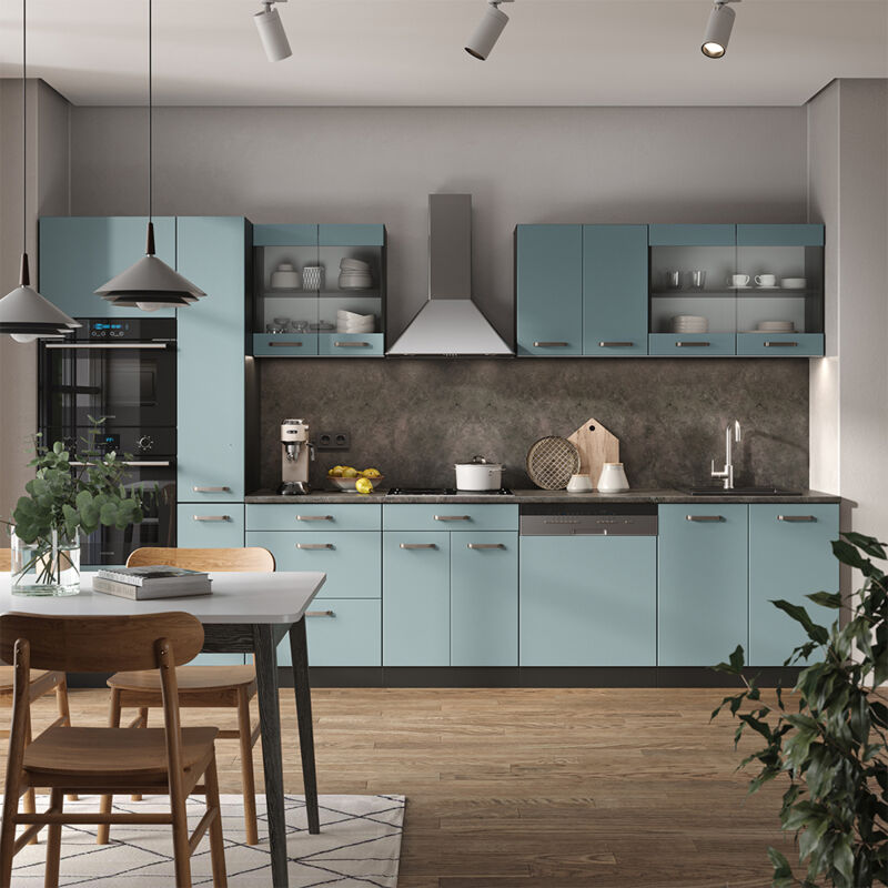 Vicco - Cuisine R-Line, Bleu-gris/anthracite, 350 cm avec armoire haute, sans plan de travail