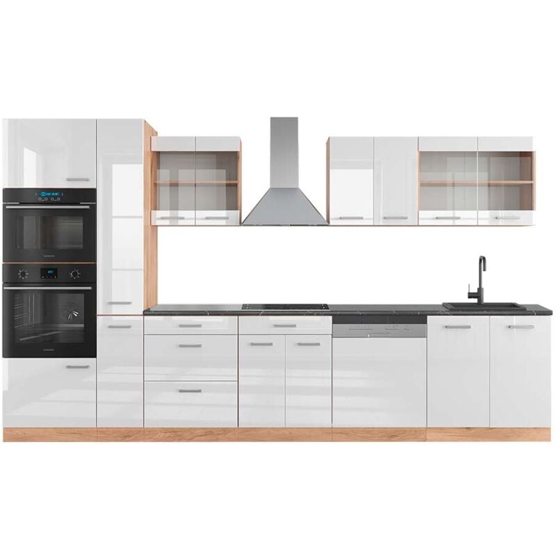 Vicco - Cuisine R-Line, Blanc brillant/Chêne doré, 350 cm avec armoire haute, pt Anthracite