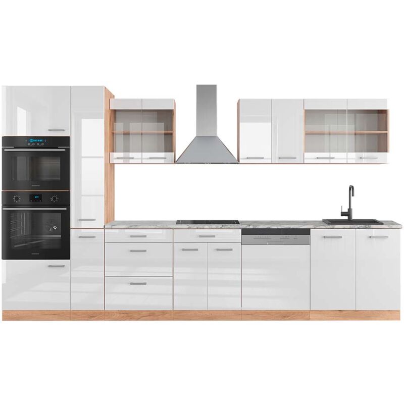 Vicco - Cuisine R-Line, Blanc brillant/Chêne doré, 350 cm avec armoire haute, pt Marbre