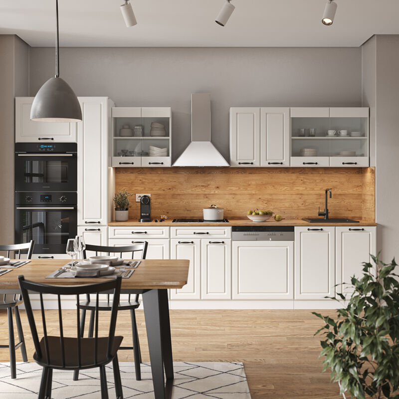 Vicco - Ligne de cuisine R-Line, Blanc campagne/blanc, 350 cm avec armoire haute, sans plan de travail