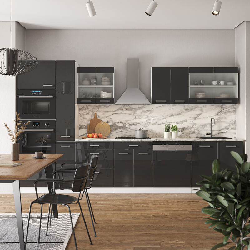 Vicco - Cuisine R-Line, Anthracite brillant/blanc, 350 cm avec armoire haute, sans plan de travail