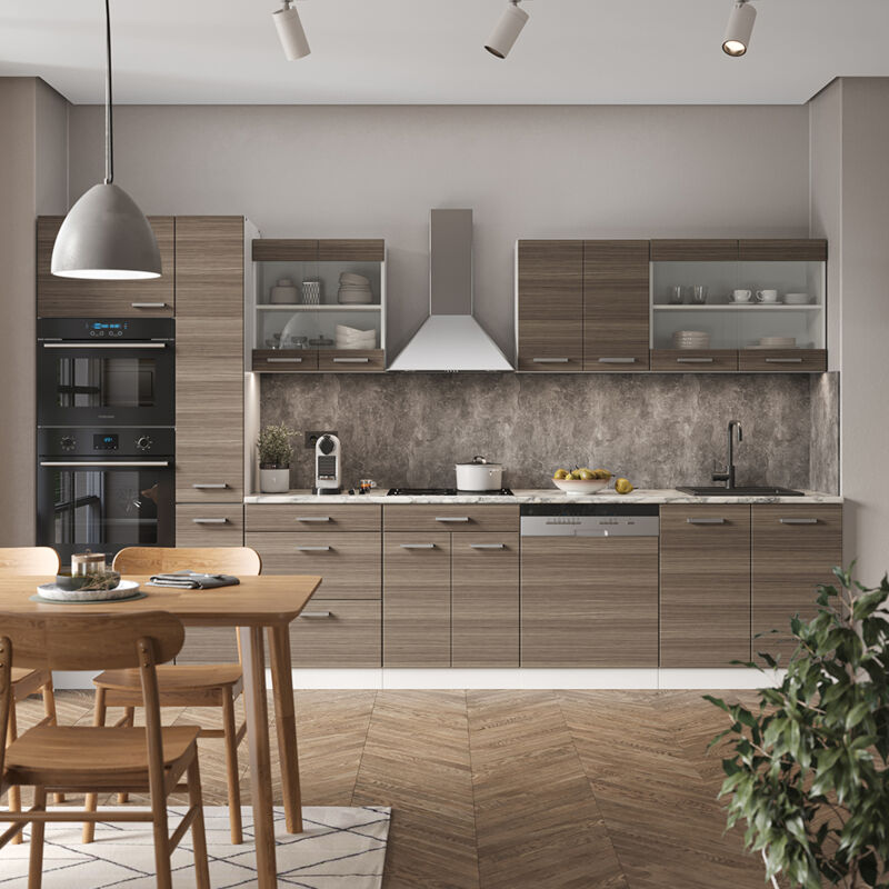 Vicco - Ligne de cuisine R-Line, gris noble/blanc, 350 cm avec armoire haute, pt Marbre
