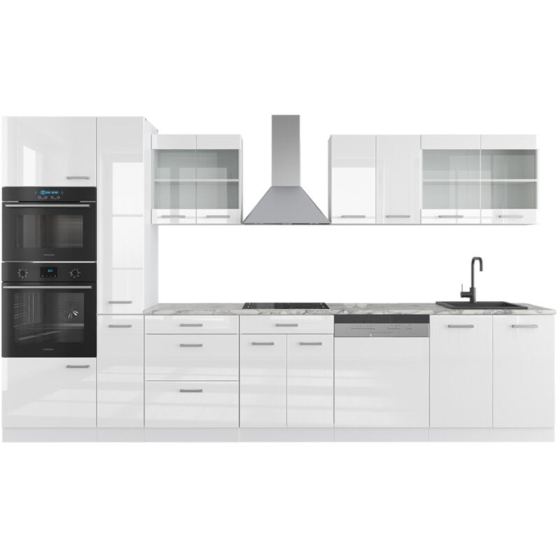 Vicco - Cuisine R-Line, blanc brillant/blanc, 350 cm avec armoire haute, pt Marbre