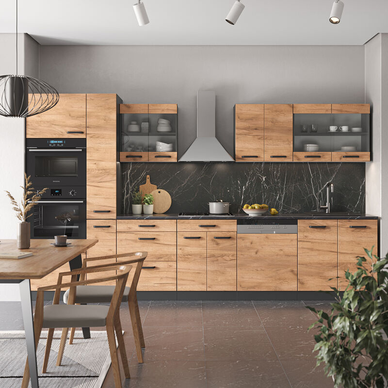 Vicco - Cuisine R-Line, Chêne doré/anthracite, 350 cm avec armoire haute, sans plan de travail