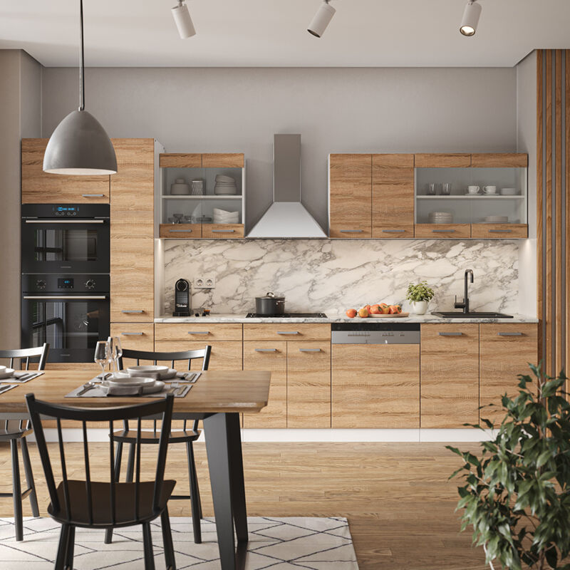 Vicco - Cuisine R-Line, Sonoma/blanc, 350 cm avec armoire haute, sans plan de travail