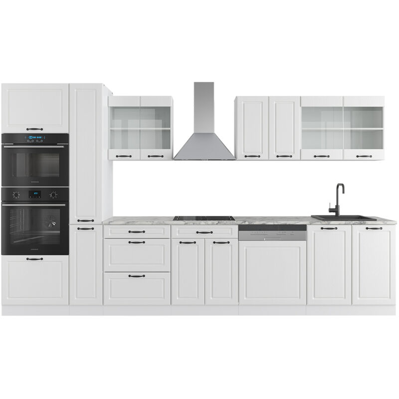 Vicco - Ligne de cuisine R-Line, Blanc campagne/blanc, 350 cm avec armoire haute, sans plan de travail