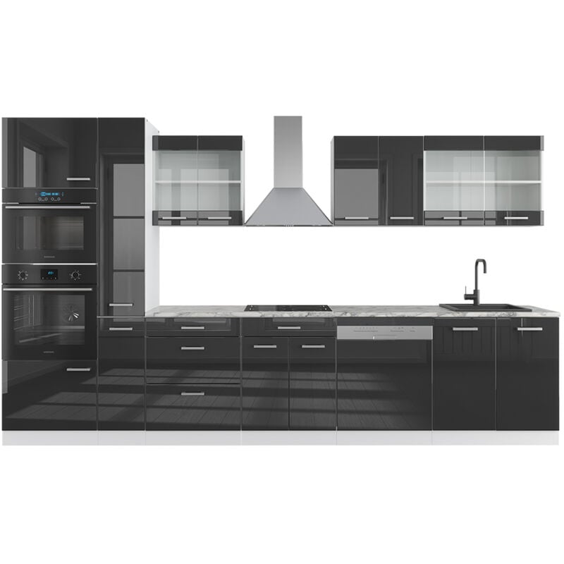 Vicco - Cuisine R-Line, Anthracite brillant/blanc, 350 cm avec armoire haute, sans plan de travail