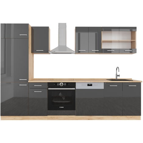 Cuisine R-Line, Anthracite brillant/Chêne doré, 300 cm sans plan de travail, Vicco