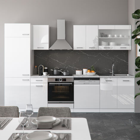 Vicco – Cuisine complète R-Line 300 cm – Blanc brillant – Panneau de particules 16 mm – Revêtement mélamine – Modules compatibles