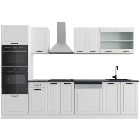 Cuisine R-Line, Blanc campagne/blanc, 300 cm avec armoire haute, sans plan de travail, Vicco