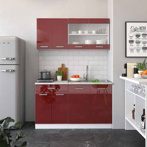 Vicco – Cuisine complète R-Line – Bordeaux haute brillance – 140 cm – Plan de travail marbre blanc – Chant métal inclus – Pour espaces compacts