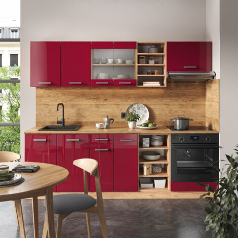 Cuisine R-Line, Rouge brillant/Chêne doré, 240cm sans PT, Vicco