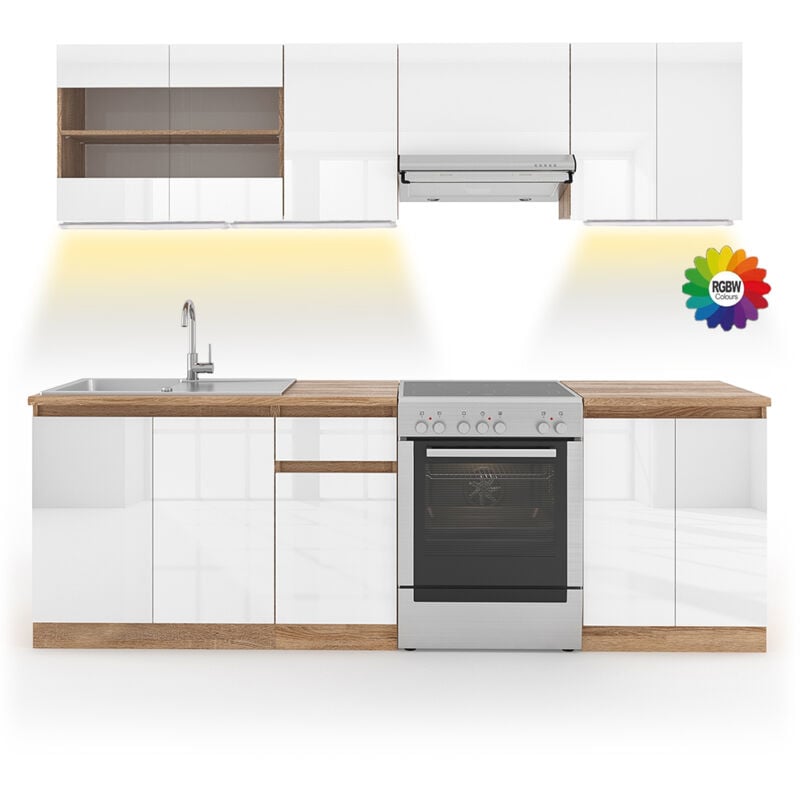 Vicco - Cuisine Raul, Blanc, 240cm, pt Sonoma avec bande led