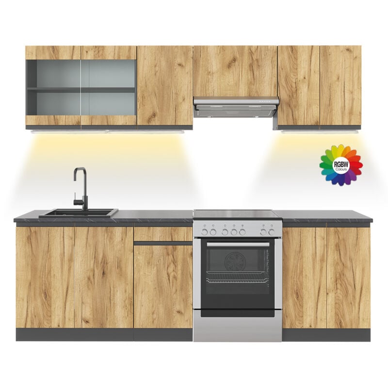 Vicco - Cuisine Raul, Chêne de force doré, 240cm sans plan de travail avec bande led