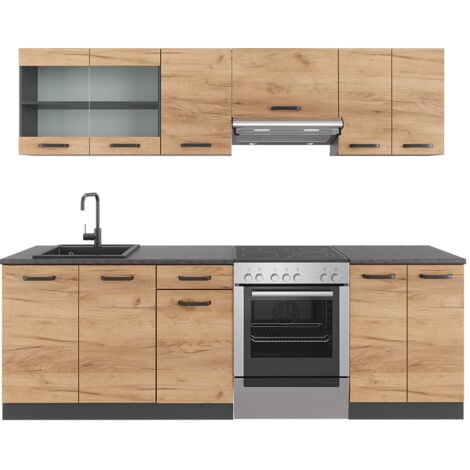 Cuisine Raul, Chêne doré/anthracite, 240cm, PT À motifs noirs, Vicco