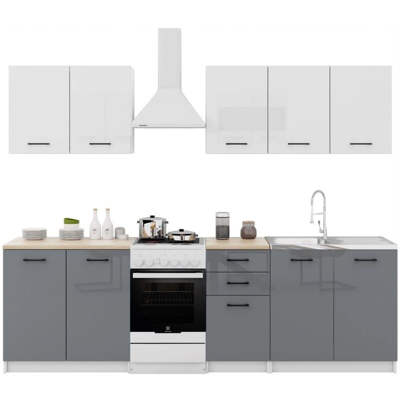 Dusine - Cuisine Sanclar 6 éléments - haut blanc bas gris laqué en 2 metres Dusine - Cuisine Sanclar 6 éléments - haut blanc bas gris laqué en 2 metres
