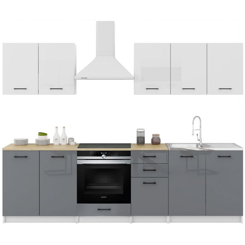 Dusine - Cuisine Sanclar 7 éléments - haut blanc bas gris laqué - 2m60 four encastrable Dusine - Cuisine Sanclar 7 éléments - haut blanc bas gris laqué - 2m60 four encastrable