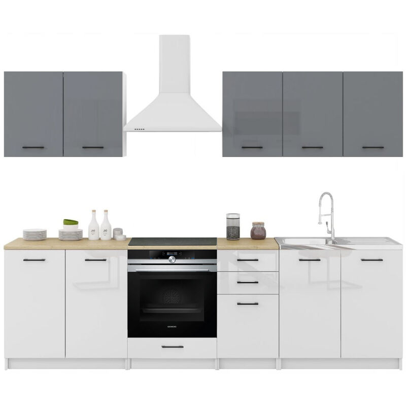 Cuisine Sanclar 7 éléments - haut gris bas blanc laqué - 2m60 four encastrable