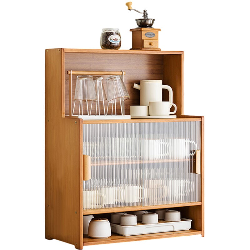 Sinbinta - Buffet de Cuisine en Bambou à 3 Niveaux, Armoire de Rangement de comptoir avec 2 Portes coulissantes en Verre rayé, Armoire de Salle à