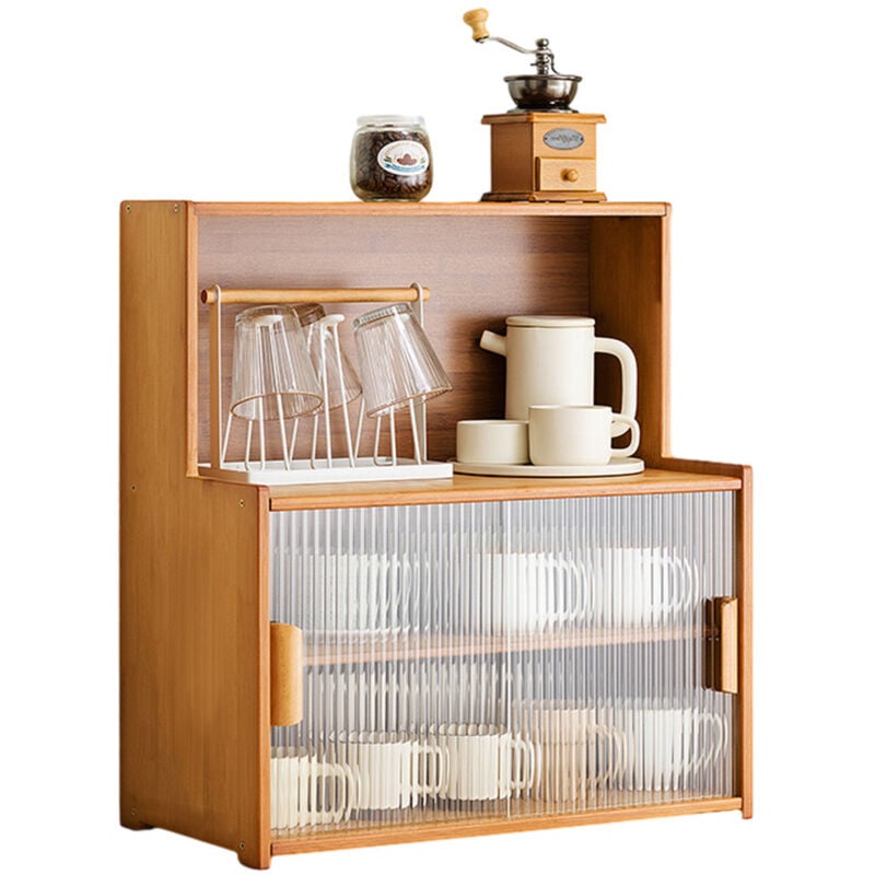 Sinbinta - Buffet de Cuisine en Bambou à 3 Niveaux, Armoire de Rangement de comptoir avec 2 Portes coulissantes en Verre rayé, Armoire de Salle à