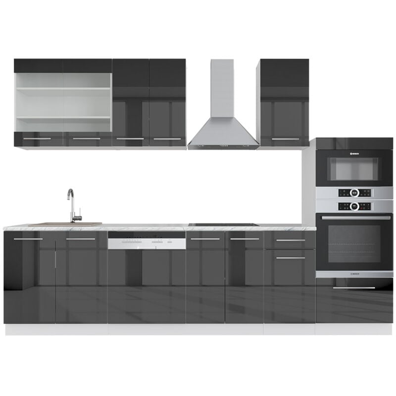 Vicco - Cuisine Fame-Line, Anthracite brillant/blanc, 300 cm avec armoire haute, pt Marbre