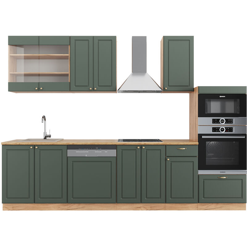 Vicco - Cuisine Fame-Line, Chêne vert et or/chêne doré, 300 cm avec armoire haute, pt Chêne