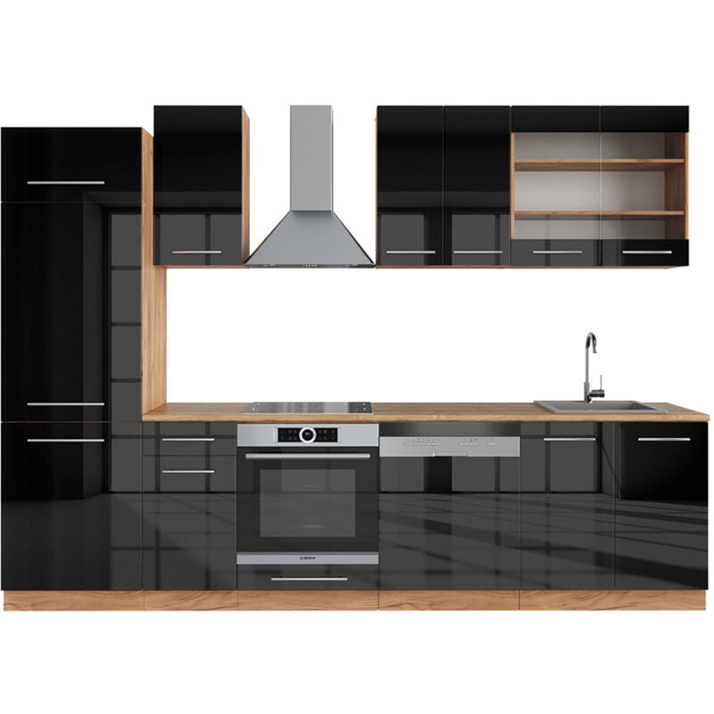 Vicco - Cuisine Fame-Line, Anthracite brillant/Chêne doré, 300 cm sans plan de travail