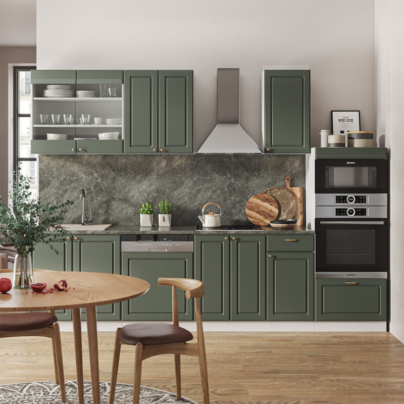 Cuisine Fame-Line, Vert-Or Landhaus/Blanc, 300 cm avec armoire haute, sans plan de travail, Vicco
