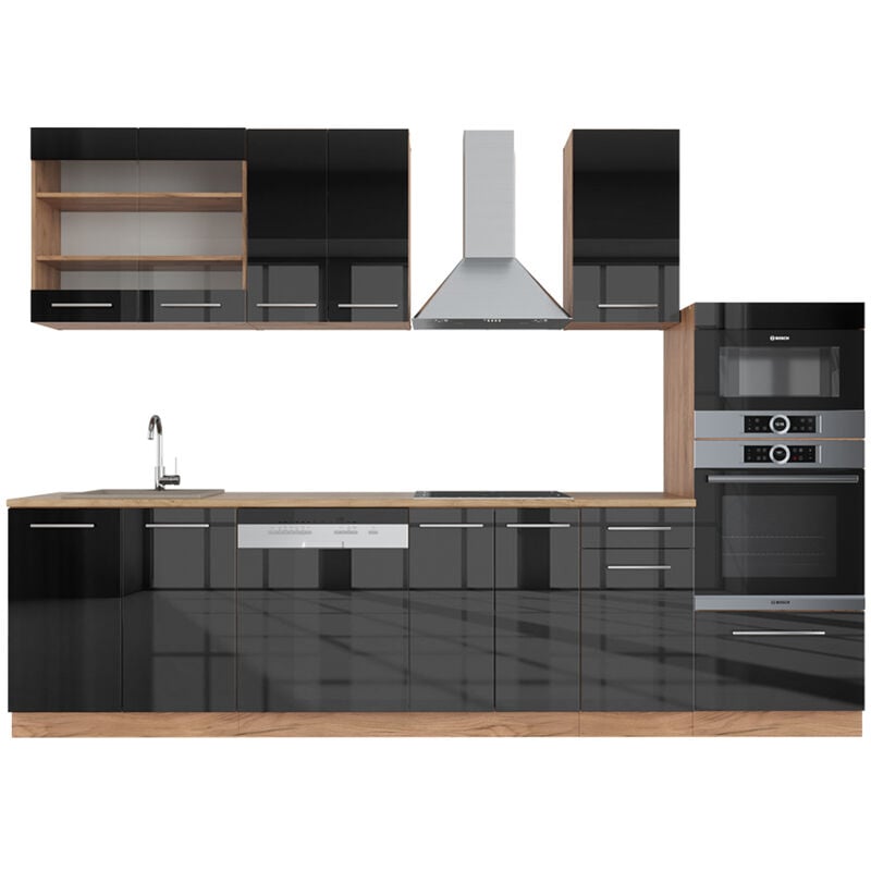 Cuisine Fame-Line, Anthracite brillant/Chêne doré, 300 cm avec armoire haute, sans plan de travail Vicco