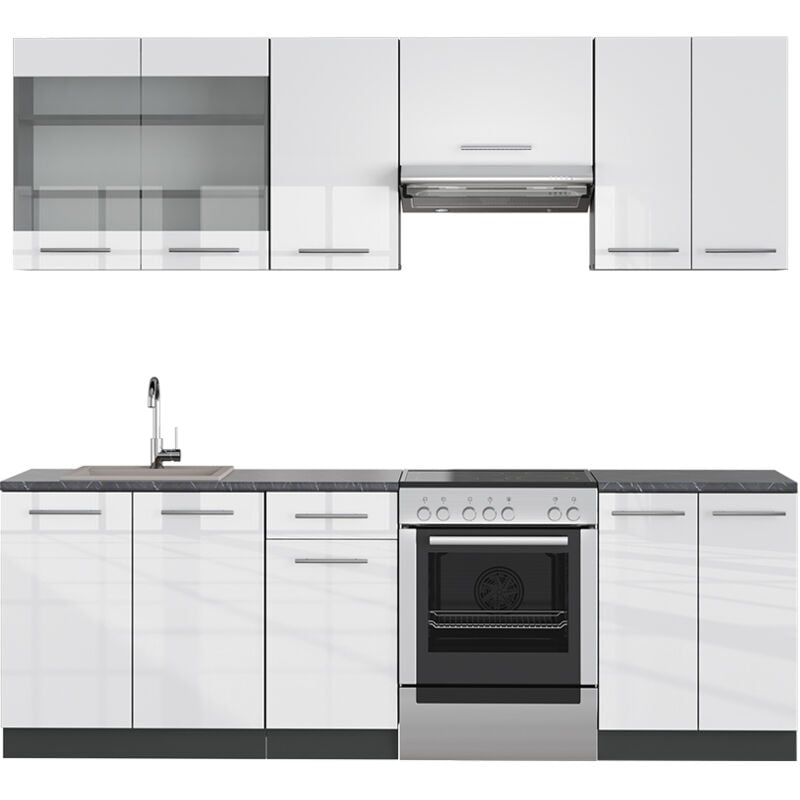 Vicco - Cuisine Fame-Line, Blanc brillant/Anthracite, 240 cm sans plan de travail