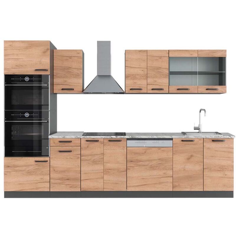 Cuisine R-Line, Chêne doré/anthracite, 300 cm avec armoire haute, pt Marbre Vicco