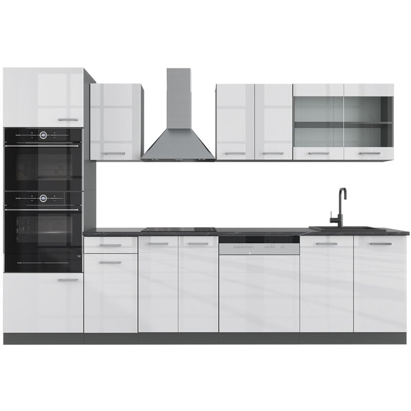 Vicco - Cuisine R-Line, Blanc brillant/Anthracite, 300 cm avec armoire haute, pt Anthracite