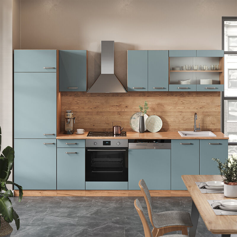 Cuisine R-Line, Bleu-gris/chêne doré, 300 cm sans plan de travail, Vicco