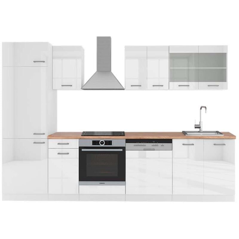 Vicco - Cuisine R-Line, blanc brillant/blanc, 300 cm, pt Chêne