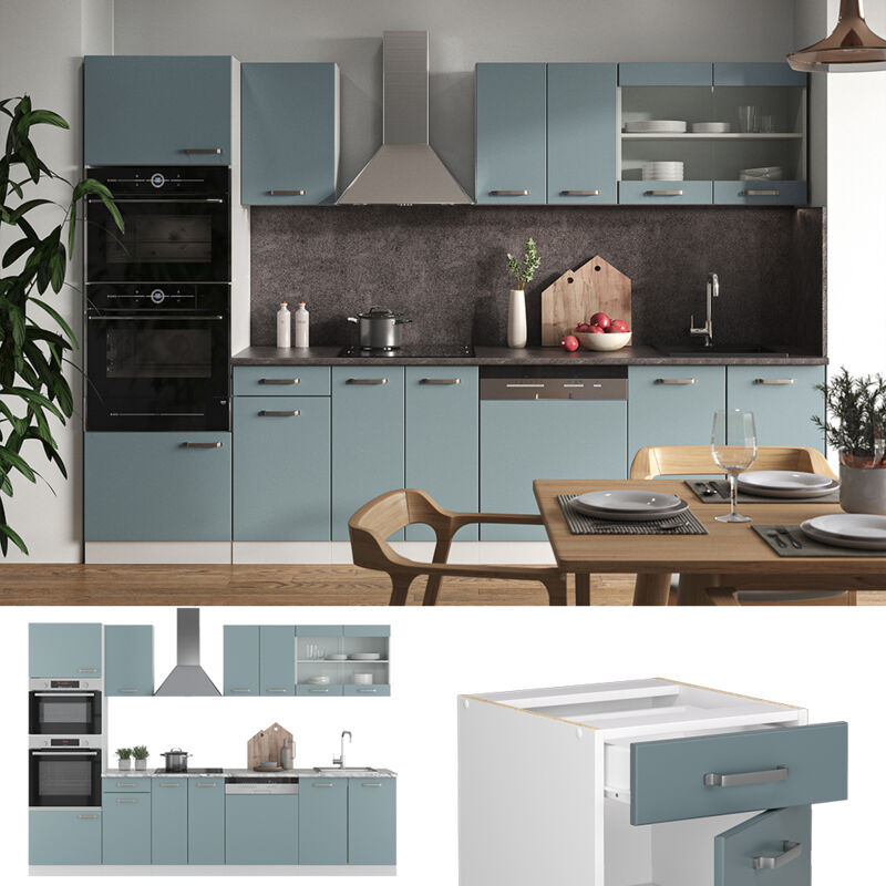 Vicco - Cuisine R-Line, Bleu-gris, 300 cm avec armoire haute, pt Marbre