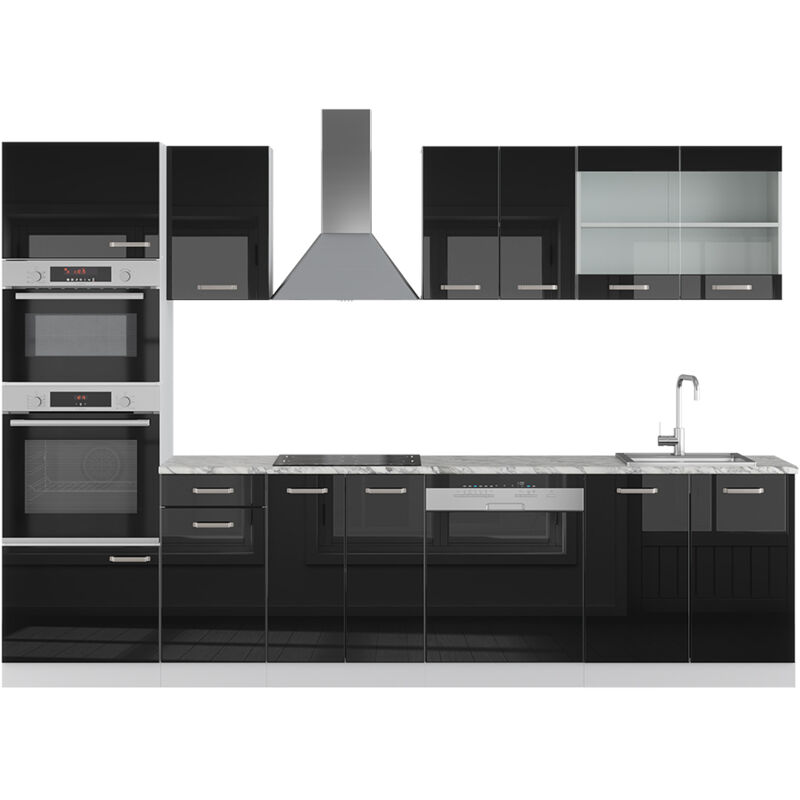 Vicco - Cuisine R-Line, Noir Haute brillance, 300 cm avec armoire haute, pt Marbre
