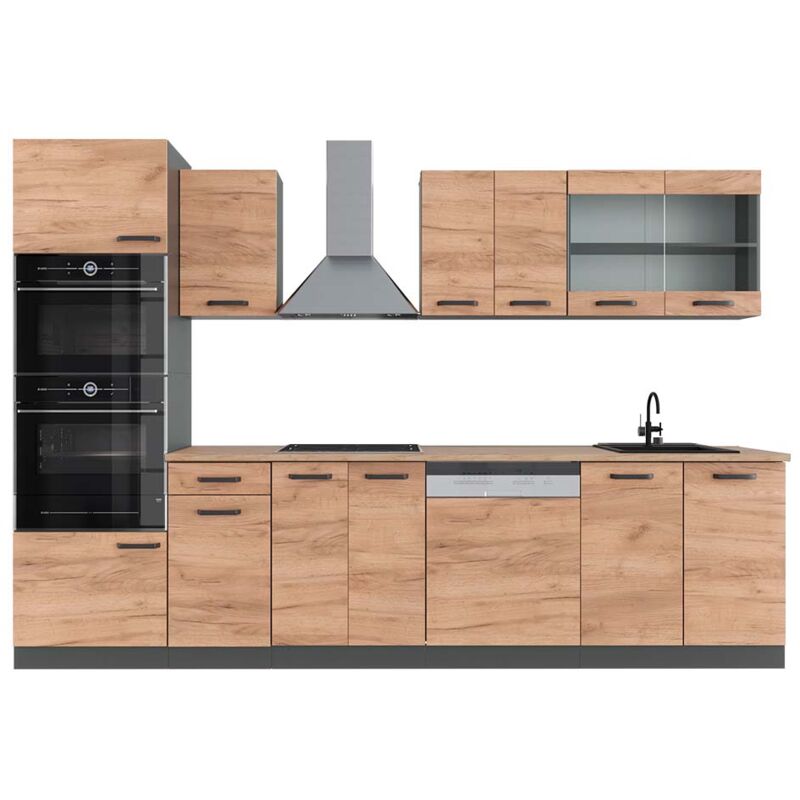 Cuisine R-Line, Chêne doré/anthracite, 300 cm avec armoire haute, PT Chêne, Vicco