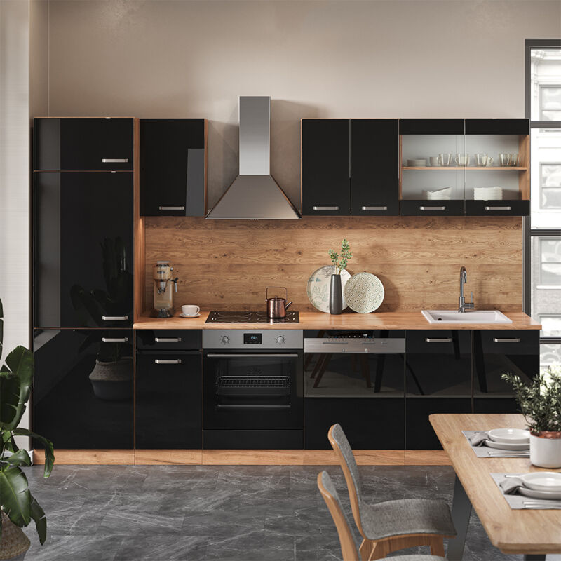 Vicco - Cuisine R-Line, Noir brillant/Chêne doré, 300 cm sans plan de travail