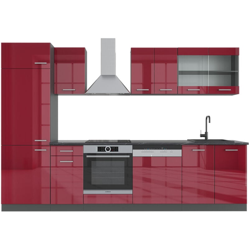 Vicco - Cuisine R-Line, Bordeaux haute brillance/anthracite, 300 cm sans plan de travail