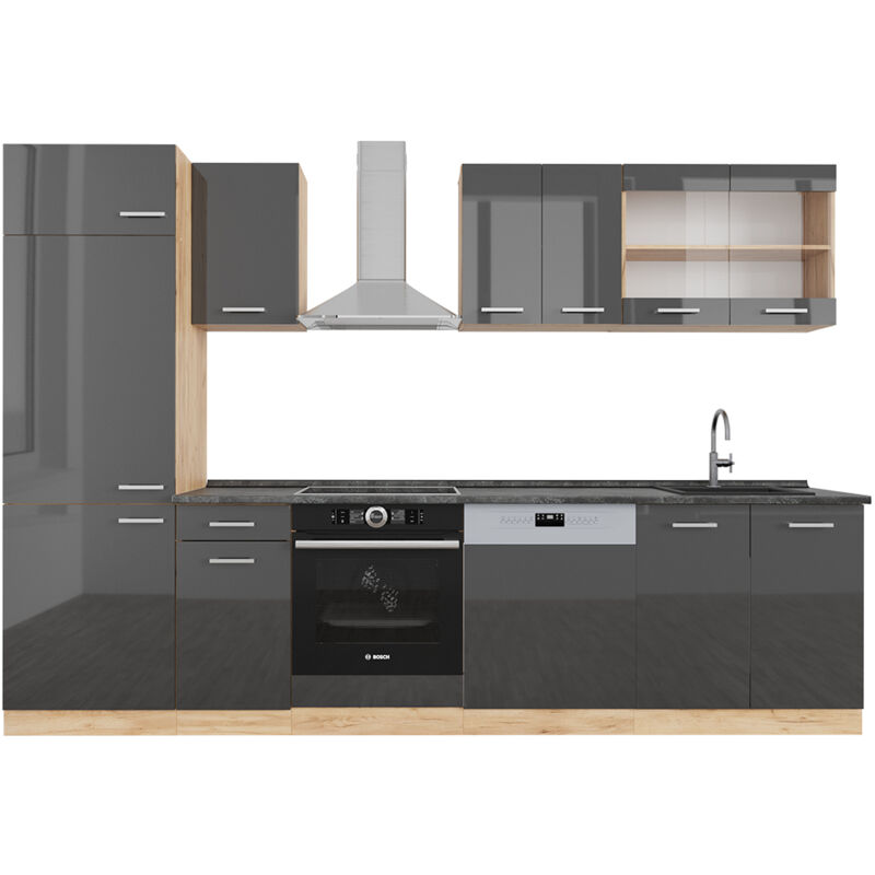 Vicco - Cuisine R-Line, Anthracite brillant/Chêne doré, 300 cm, pt Anthracite