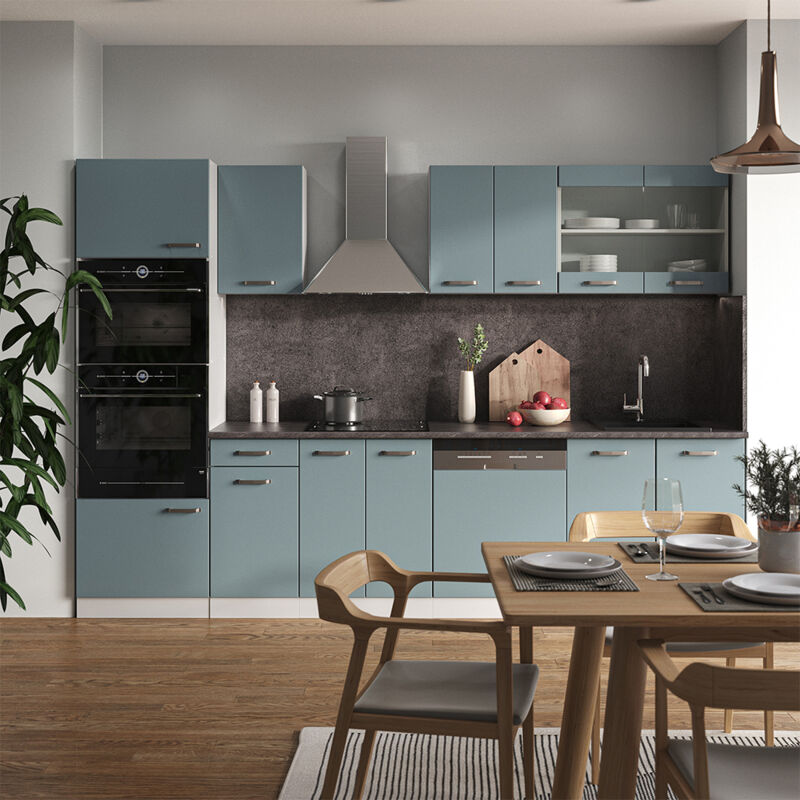 Vicco - Cuisine R-Line, Bleu-gris, 300 cm avec armoire haute, sans plan de travail